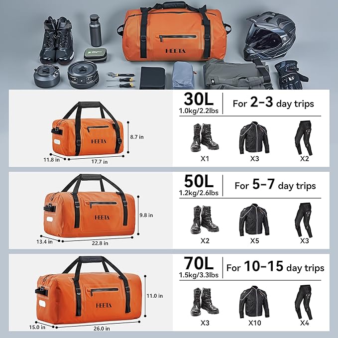 HEETA Waterproof Motorcycle Dry Bag, Waterproof Duffel Luggage Travel Bags with Zippered Closure & Pocket, Shoulder Straps, Large Space for Motorcycling Camping Commuting Boating (Orange, 70L)