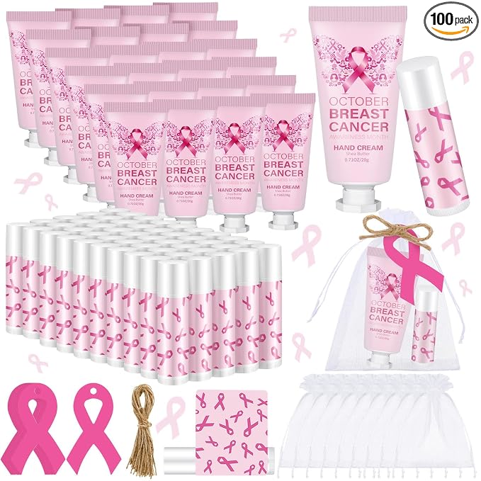 100 50 Set Breast Cancer Awareness Gifts Bulk Woman Ribbon Lip Balm Hand Cream Include 50 Lip Balm 50 Hand Cream 50 Bag 50 Tag Breast Cancer Awareness Month Items Survivors Offices