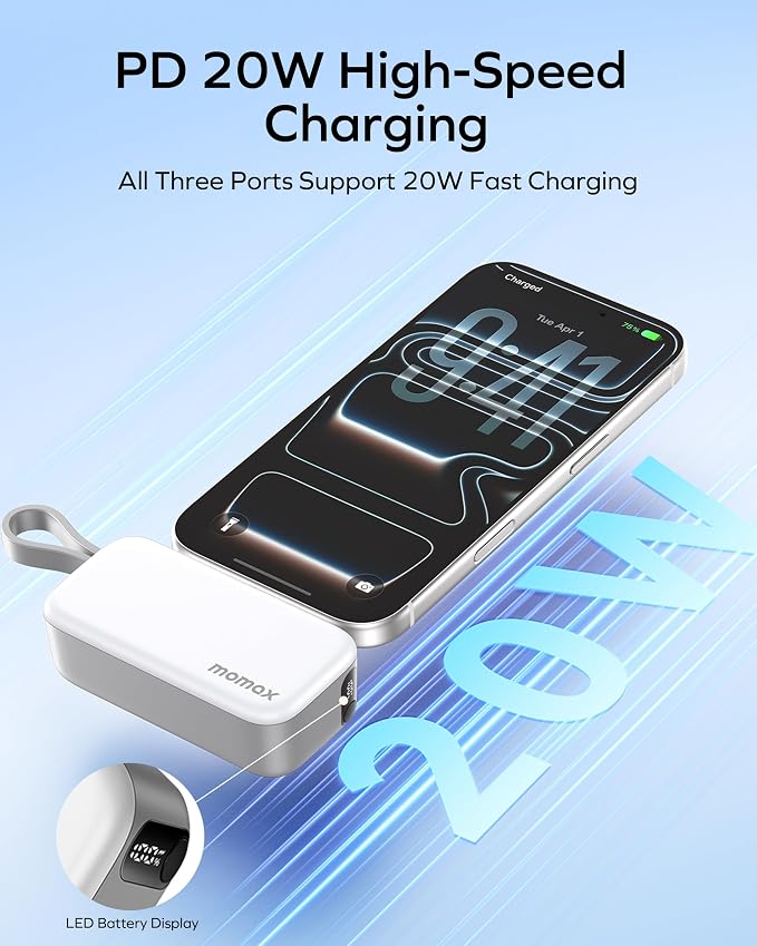 MOMAX Portable Charger, 5000mAh Small Power Bank PD 20W Fast Charging Battery Pack with 3 USB-C, LED Battery Display, Smart Temperature Control for iPhone 17 16 15 Pro Max(White)