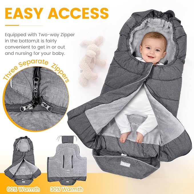 Orzbow Stroller Footmuff Universal - Weather-Proof Bunting Bag for Toddler, Warm Fleece Sleeping Bag for Cold Weather, Easily Attaches to Most Strollers, Baby Boys Girls Winter Essentials, Dark Grey