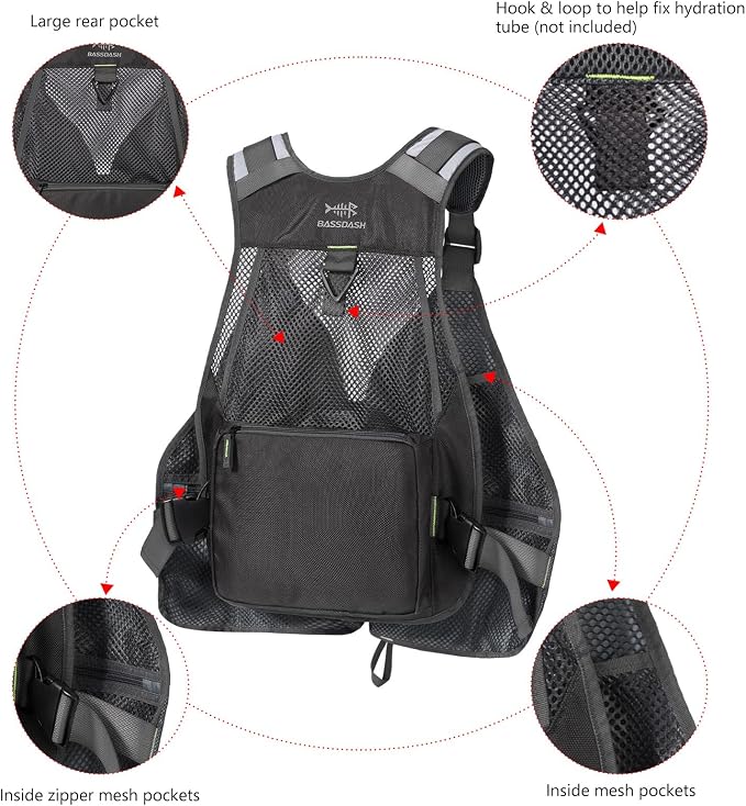 BASSDASH Strap Fishing Vest Adjustable for Men and Women, for Fly Bass Fishing and Outdoor Activities