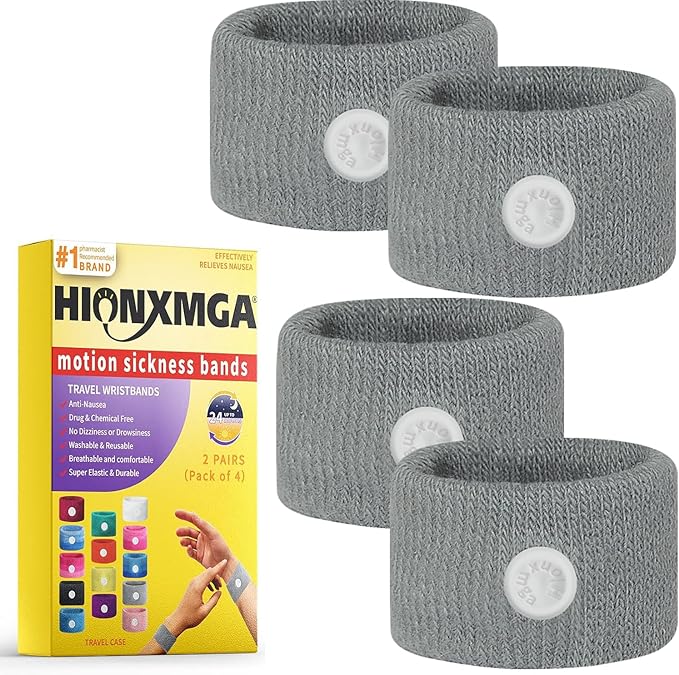 HIONXMGA 2 Pairs Motion Sickness Bands – Natural Anti Nausea Acupressure Wristbands for Morning & Motion Sickness Relief – Ideal for Car, Cruise & Flight Travel – for Adults and Kids