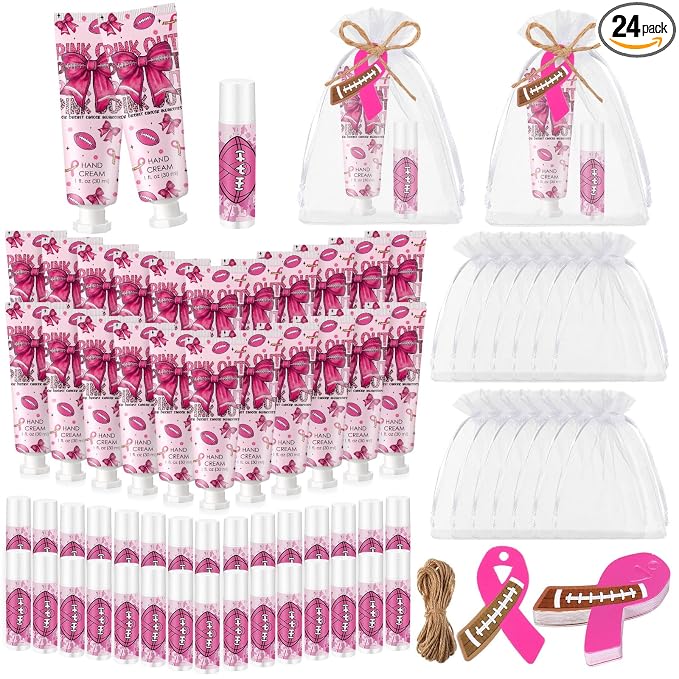 24 Sets Pink out Football Breast Cancer Awareness Favors Breast Cancer Awareness Gift Football Sports Themed Hand Cream Lip Balm Gift for Women Pins Pink Ribbon Travel Size Hand Lotion Lip Balm