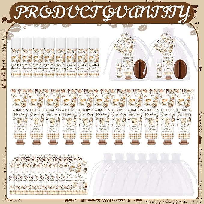 Loopeer 30 Set/150 Pcs A Babys Is Brewing Coffee Baby Shower Favors for Guests Gifts Hand Cream Lip Balm Soap Party Favors Travel Size with Bags, Thanks You Card for Games Prizes Souvenirs