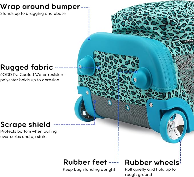 J World Sunrise Kids Rolling Backpack for Girls Boys. Roller Bookbag With Wheels For School, Mint Leopard