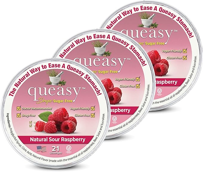 Three Lollies Queasy Drops Sugar Free - Natural Sour Raspberry Flavor - Ease Chemotherapy Nausea & Travel Sickness - Alleviates a Dry Mouth - Natural Ingredients - 21 ct (3-Pack)