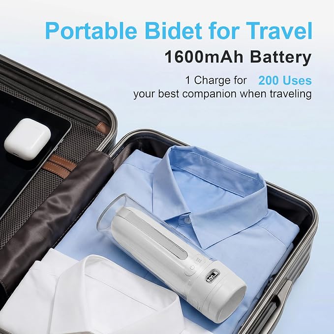 Electric Portable Bidet for Home & Daily Use, Whisper-Quiet Handheld Sprayer with 3 Pressure Modes, 1600mAh USB-C Rechargeable, IPX7 Waterproof (White)