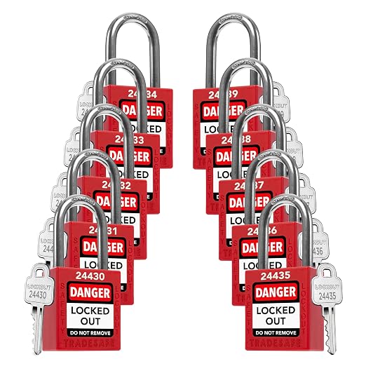 TRADESAFE Lockout Tagout Locks Set - 10 Red Loto Locks, Lockout Locks Keyed Different, 1 Key Per Lock, OSHA Compliant Lock Out Tag Out Padlocks, Safety Padlocks for Electrical Lockout Tag Out Kits