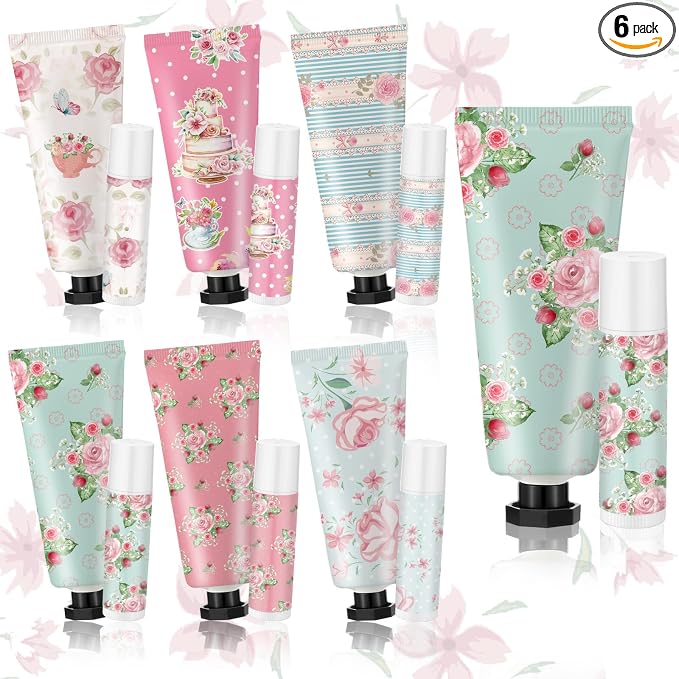6 Sets Tea Party Favors Mini Hand Cream Lip Balm Bulk Gift Set for Women Wedding Party Favors for Guests Travel Size Hand Lotion Vintage Floral Moisturizing Lip Balm Gifts for Baby Shower