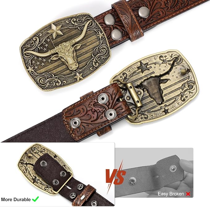 SANSTHS Western Cowboy Belts for Men Women, Mens Western Belt Bull Buckle Country Belt Cowboy Leather Belt for Jeans