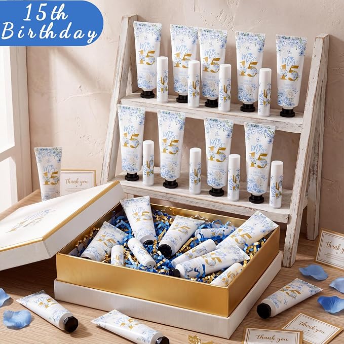 Leelosp 100 Pcs/50 Sets Blue Quinceanera Party Favor Gifts for Guests 15th Thank You Gifts Girl Hand Cream and Lip Balm Sweet 15th Birthday Party Favors for Guests