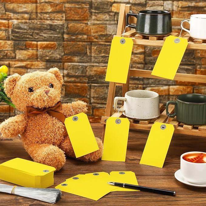 Sayglossy 1000 Pcs Blank Manila Shipping Tags with Wire 4 3/4" x 2 3/8" Bright Yellow Paper Hang Luggage Price Asset Gift Label Tags