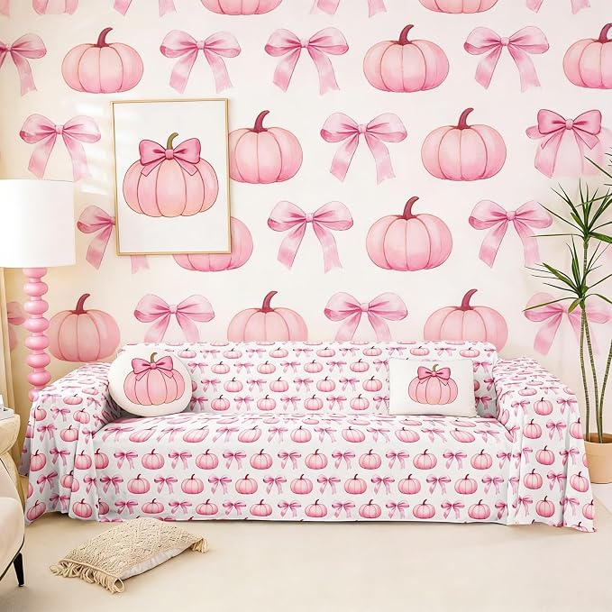 Pink Bow Non Slip Covers Sofa Covers for 3 Cushion Fall Decorations Thanksgiving Pumpkin Dog Pet Couch Protector Autumn Harvest Fall Washable Anti-Slip Couch Cover Girly Bowknot Sofa Cover,91"x118"