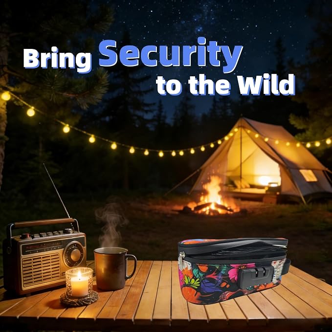 Lock Travel Pouch with Combination Lock & Activated Carbon, Small Smell Proof Bag, Waterproof Zipper, Carbon Lined for Home Storage & Gifts (flower)