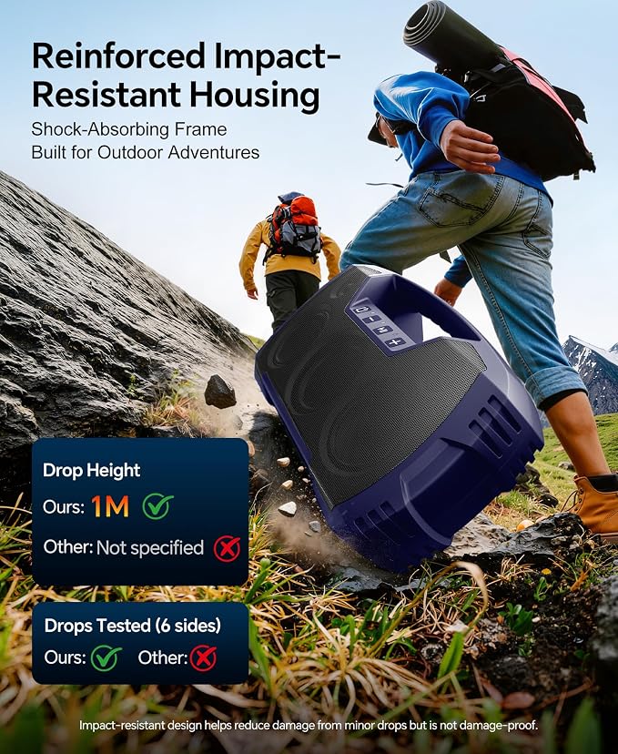 IPX7 Waterproof Outdoor Bluetooth Speaker, Wireless, 90W(Peak), 32H Playtime, Floating Design, Deep Bass & Loud Stereo Sound, Portable with Handle, Rugged for Pool, Beach, Kayaking, Hiking, Navy Blue