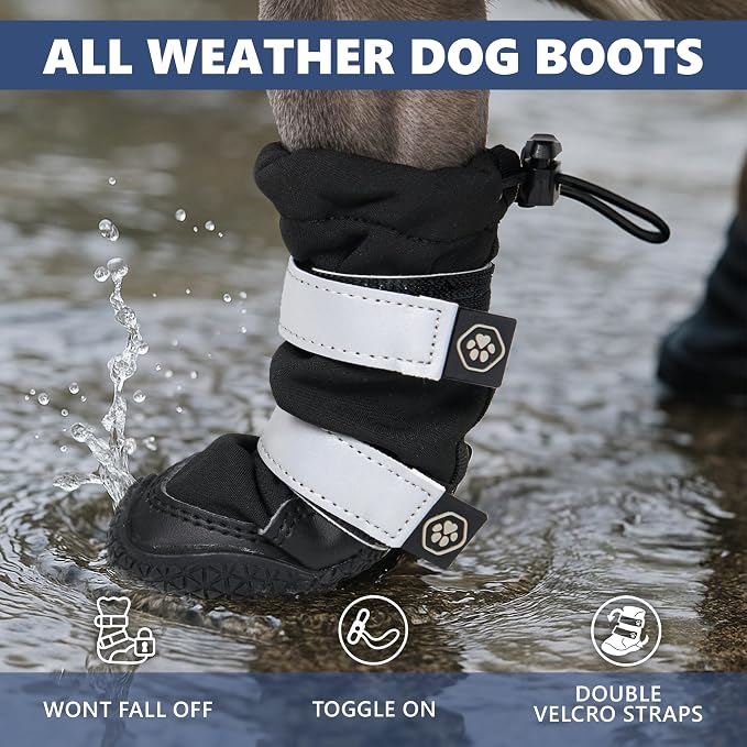 Spark Paws Dog Rainboots, Waterproof Dog Shoes for Medium to Large Dogs, Non Slip, Dog Booties and Paw Protectors - 4PCS Doggie Hiking Boots with Reflective Straps - Black - Size 4