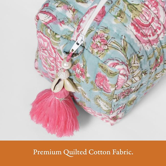 Saffron Marigold Quilted Makeup Bag Set of 3, Hand Block Printed Cotton Cosmetic Bags for Women, Waterproof Lined Travel Toiletry Bag, Coquette Floral Aesthetic, Handmade Gift, Jacobean Dreams
