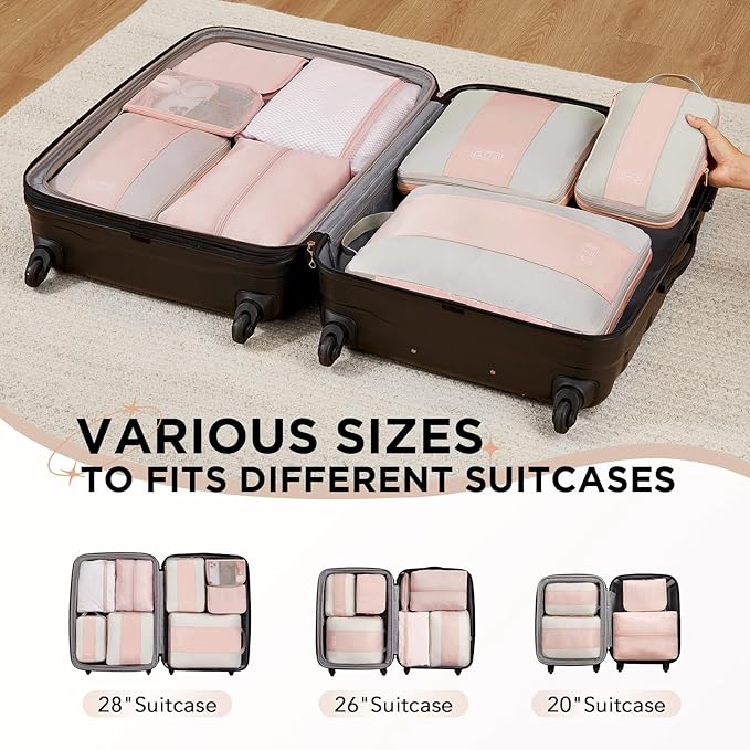 OlarHike 8 Set Compression Packing Cubes for Travel Gifts Mom Women,Airplane/Cruise/Car Travel Essentials,Compressible Expandable Saver Space Bags,Luggage Clothes Garment Bags for Travelers(Beige)