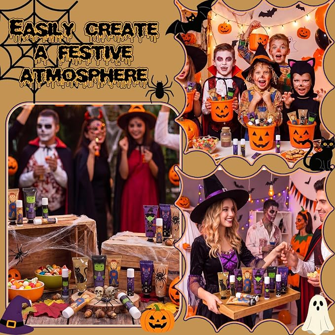 24 Pack Halloween Hand Cream and Lip Balm Gifts Sets for Women Mini Hand Lotion Bulk Travel Size Moisturizing Cream Halloween Party Favors for Boo Basket Stuffers 6 Natural Plant Fragrances