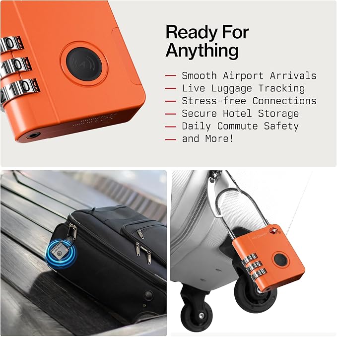 KeySmart SmartLock Tracking Luggage Locks, TSA Locks for Luggage, Combination Lock Compatible with Apple Find My App, Best Travel Essentials, Replaceable Non-Rechargeable Battery (Orange 1 Pack)