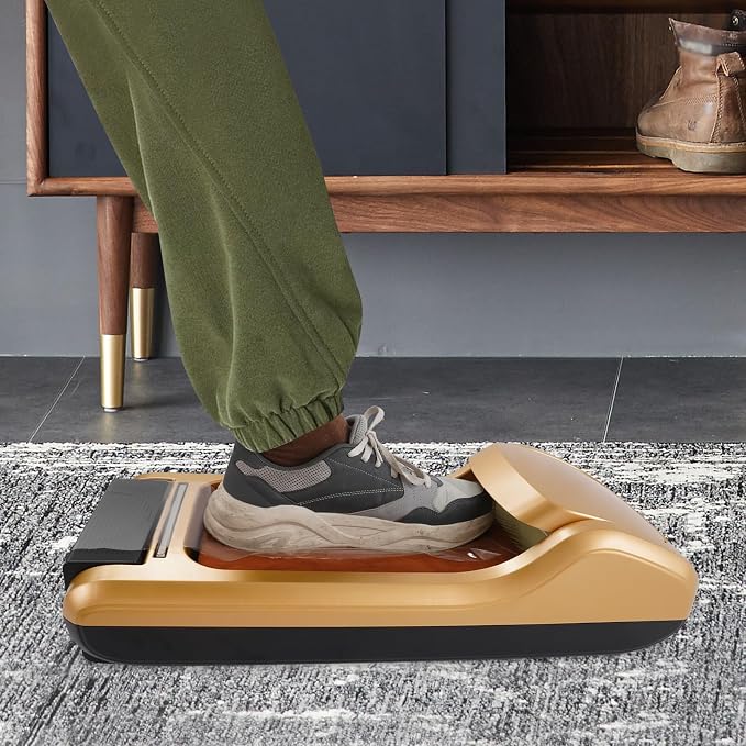 Automatic Shoe Covers Dispenser Shoe Covers Disposable Dispenser Portable Shoe Covers Disposable Waterproof Shoe Covers, Dust Proof, for Home, Shop and Office (Gold / 3 Roll Shoe Film)