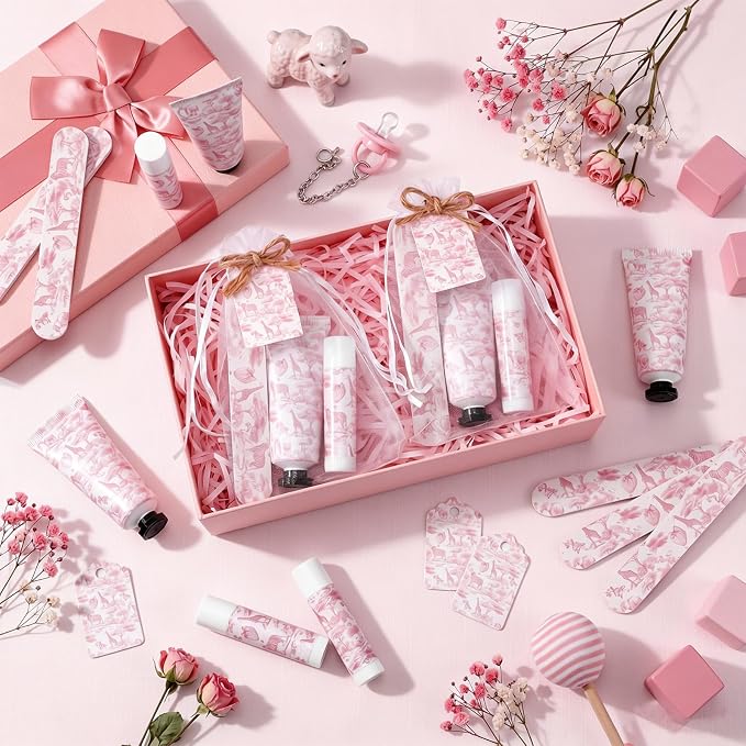 Leelosp 24 Sets Pink Toile De Jouy Baby Shower Favor Gifts Bulk - Vintage French Floral Hand Cream & Lip Balm with Nail File Travel Size Favors for Bridal Baby Shower Birthday Baptism Party Guests