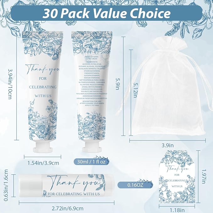 50 Sets Moisturizing Hand Cream Lotion Lip Balm Kit Bulk for Wedding Thank You Welcome Return Gifts Something Blue Floral Theme Birthday Baby Shower with Tags Organza Bags Rustic Vintage Aesthetic