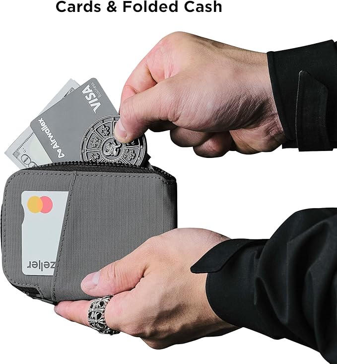 ALPAKA Zip Card Pouch - Card Wallet and Coin Pouch - Holds 12-20 Cards and Cash Holder with Grey Axoflux, RFID Blocking Weatherproof Material