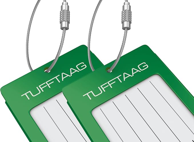 Luggage Tags Business Card Holder by TUFFTAAG - Durable Travel ID Bag Tag, Emerald, 2 Tags