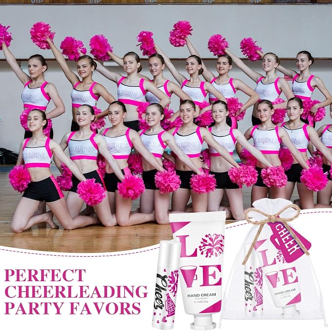 144 Pcs Cheerleading Lip Balms Hand Cream Sets Pink Cheerleading Party Supplies Including 36 Lip Balm and Moisturizing Hand Cream 36 Organza Bags Cards and Ropes for Team Thank You Gifts