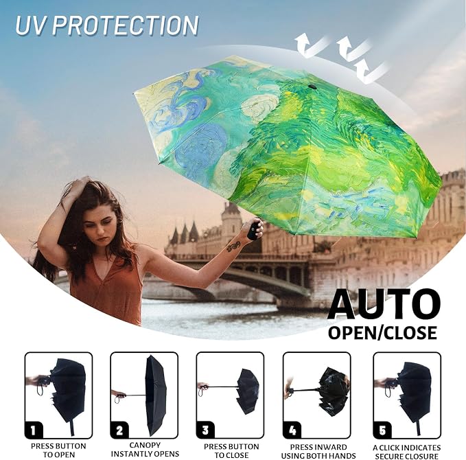 SY COMPACT Travel Umbrella - Windproof Automatic Compact Umbrella for Rain, Lightest 8-Rib, Small, Strong & Portable, Durable Grip, Fits Backpack & Car, Factory Direct (UV Available)