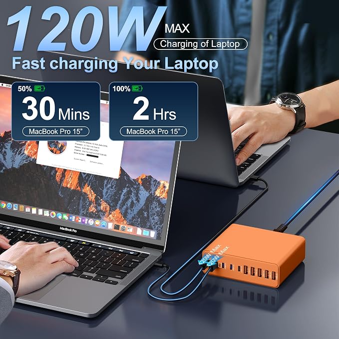 800W USB C Charger Block,10-Port Charging Station GaN Fast Charging Type C & USB A Wall Charger Adapter for MacBook Pro/Air,iPhone,iPad,Dell XPS,Samsung Galaxy(Orange)