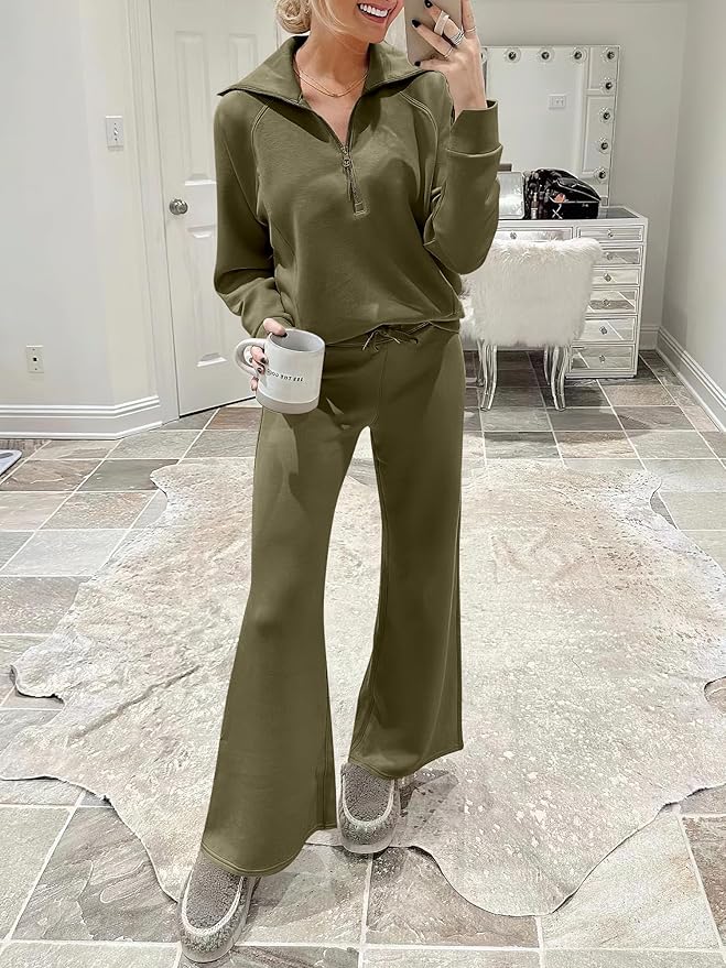 ANRABESS Women’s 2 Piece Outfits Half Zip Sweatshirt & Wide Leg Pants Airport Travel Lounge Matching Sets Sweatsuits Clothing