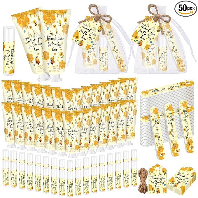 Leelosp 50 Sets Honey Hand Cream Baby Shower and Lip Balm Gift Bulk Bee Themed Travel Size Hand Lotion Lip Balm Nail File Gifts Set Baby Shower Birthday Party Supplies for Guests