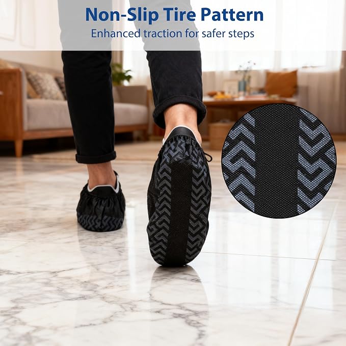 Shoe Covers Disposable - 200 Pack Non-Woven Fabric Boot Covers, Recycable, Durable, Breathable, Stretchable-Fits Most Shoe Sizes, Protect Your Home, Floors and Shoes-Black-L & XL