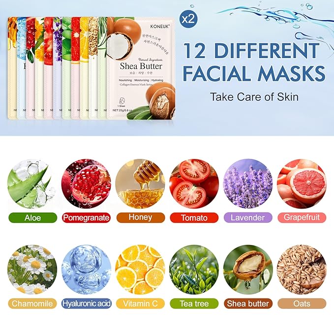 KONEUK 24 Pack Sheet Face Masks Skincare for Women, Hydrating Collagen Essence Face Masks Suitable for All Skin Types, Face Mask Gifts Set for Spa Party, Bulk Facial Masks for Women Skin Care