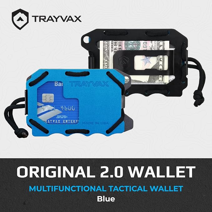 Trayvax Original 2.0 Wallet, RFID Front Pocket Tactical Metal Credit Card Holder with Money Clip, Slim Minimalist Wallet for Men and Women, Blue