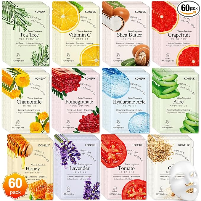 KONEUK 60 Pack Collagen Essence Face Masks Skincare for Women, Hydrating Sheet Face Masks Suitable for Dry and Sensitive Skin, Bulk Facial Masks for Women Skin Care, Face Mask Gifts Set for Spa Party