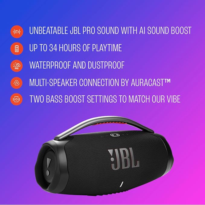 JBL Boombox 4 - Most Powerful JBL Portable Waterproof Speaker with Massive JBL Pro Sound, Up to 34 Hours of Playtime, & Multi-Speaker Connection by Auracast™ (Purple)