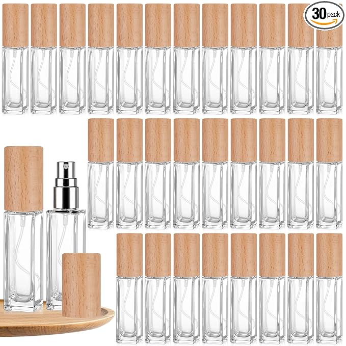 Roshtia 30 Pcs 0.33 oz/ 10 ml Beech Wood Color Glass Spray Bottle Refillable Perfume Atomizer Clear Decorative Empty Bottles with Fine Mist Sprayer Pump for Face Body Travel