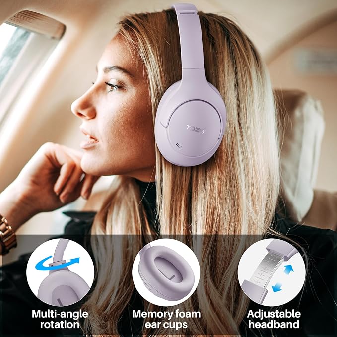 TOZO Hybrid Active Noise Cancelling Headphones, Wireless Over Ear Bluetooth Headset, 60H Playtime, Hi-Res Audio Custom EQ via App Deep Bass Comfort Fit Ear Cups, for Home Office Travel