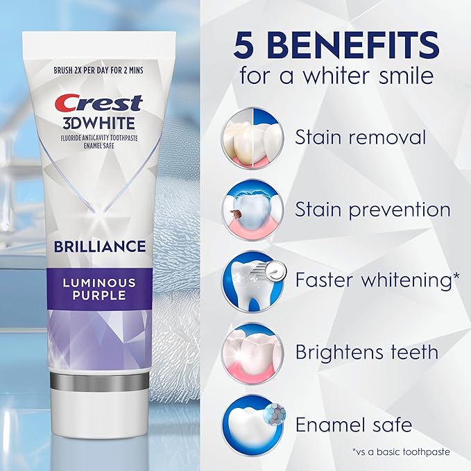 Crest 3D White Brilliance Luminous Purple Teeth Whitening Toothpaste, 4.6 oz Pack of 3, Anticavity Fluoride Toothpaste, Fights 100% More Surface Stains, 24 Hour Active Stain Prevention