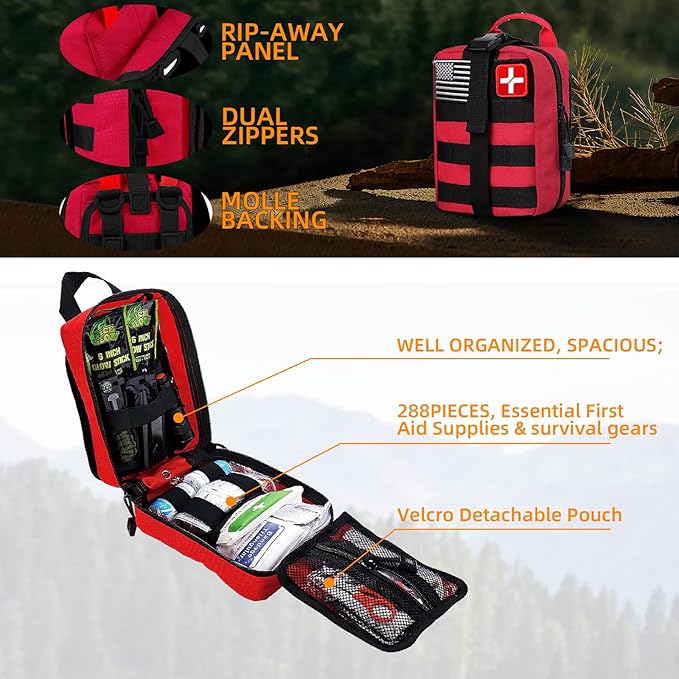 Survival First Aid Kit, Molle Medical Pouch 288PCS Outdoor Emergency Survival Gear and Equipment for Hiking Camping Hunting Car Boat Home Travel and Adventures, Gift for Him Men (RED)