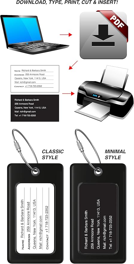 Luggage Tags Business Card Holder by TUFFTAAG - Flexible PVC Travel ID Bag Tag, Black, 6 Pack