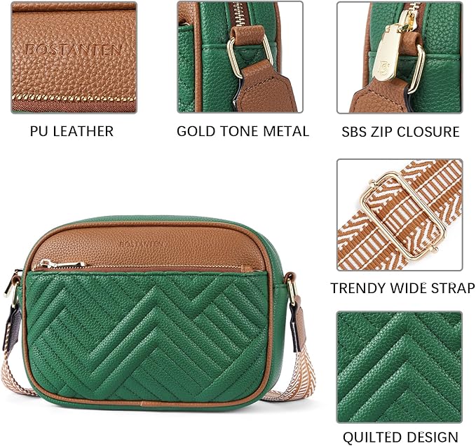 BOSTANTEN Quilted Crossbody Bags for Women Vegan Leather Purses Shoulder Handbags with Wide Strap