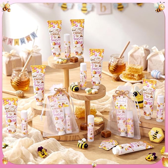 24 Sets/96 Pcs Pink Honey Hand Cream and Lip Balm Gift Baby Shower Favors for Guest Thank You for Bee Travel Size Hand Lotion and Lip Balm Bulk Baby Shower Birthday Party Supplies