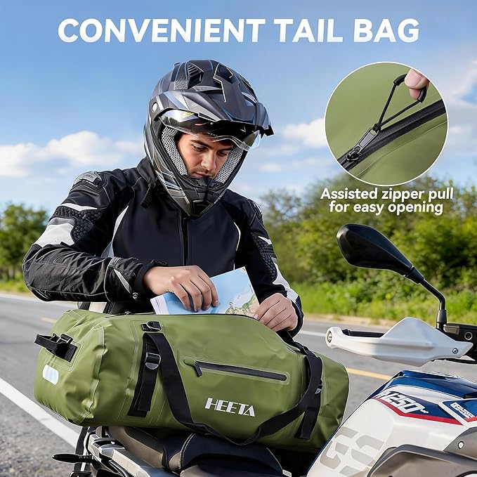 HEETA Waterproof Motorcycle Dry Bag, Waterproof Duffel Luggage Travel Bags with Zippered Closure & Pocket, Shoulder Straps, Large Space for Motorcycling Camping Commuting Boating (Green, 50L)