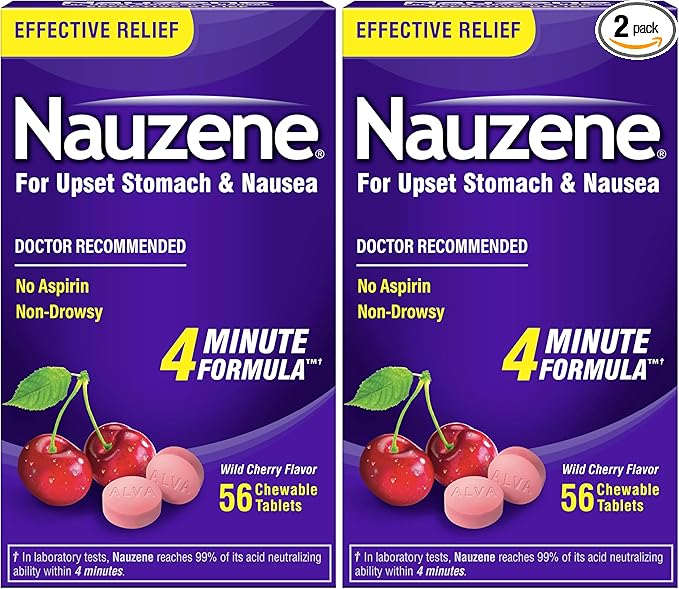 Nauzene - Non-drowsy Upset Stomach & Nausea Relief - Wild Cherry Flavor Chewable Tablets - 56 Counts (Pack of 2)