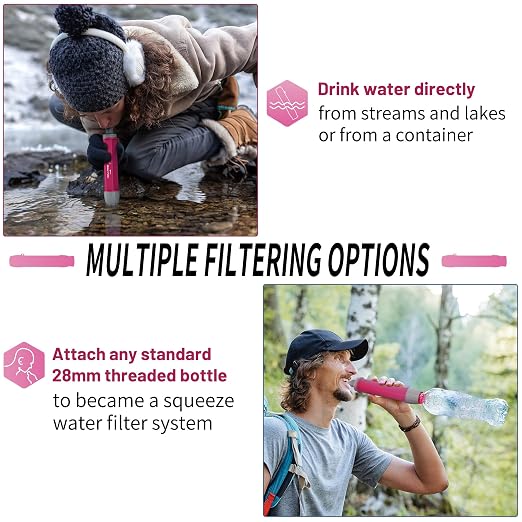 YWF01 Personal Filter Straw for Drinking Survival, Portable Water Purifier Filtration System Survival Gear and Supplies for Camping, Hiking, Travel, and Emergency Preparedness (Plum Red, Pack of 4)