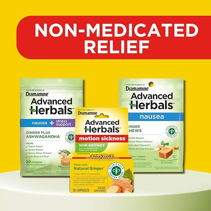 From the Makers of Dramamine, Advanced Herbals with Natural Ginger, for Nausea Relief, Morning Sickness Relief & Motion Sickness Relief During Travel, 18 Capsules, Pack of 2